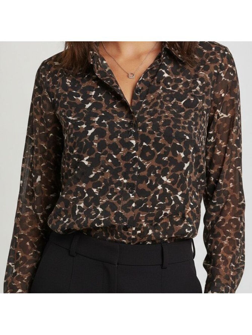 GUESS Business Casual Black Leopard Print Long Sleeve Blouse Medium Sheer Top